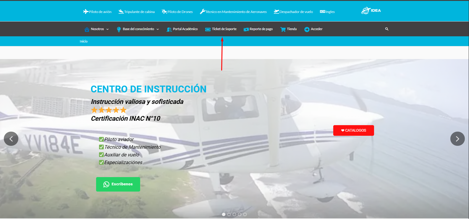 Menú de navegación con Ticket de Soporte