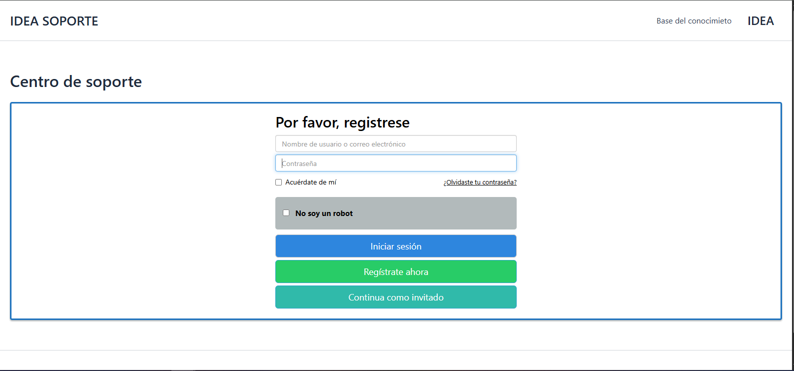 Formulario de inicio de sesión del Centro de Soporte